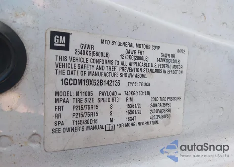 2002 Chevrolet Astro из США, поврежденный, VIN 1GCDM19X52B142136